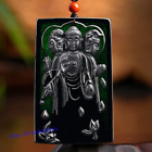 Natural Certified Black Jade Three Holy Buddha Carved Pendant Necklace Gift
