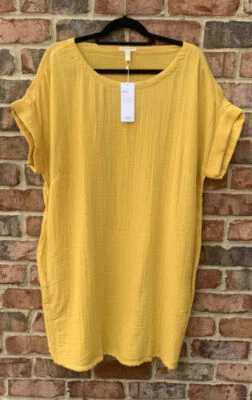 Vestido Eileen Fisher amarelo calêndula algodão orgânico gaze novo com etiquetas $198 PM NOVO NA CAIXA - Imagem 1 de 4