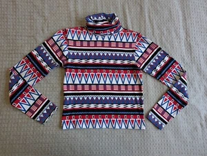 American Apparel Top Women Large Blue Red Fair Isle Aztec Turtleneck Slim Jersey - Picture 1 of 8