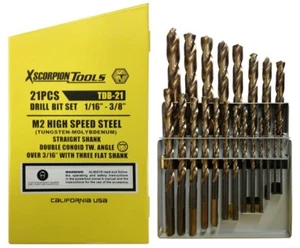 USA 21 Pc Titanium Finish Drill Bit Set HSS Drills M2 Tungsten Lifetime Warranty - Picture 1 of 2