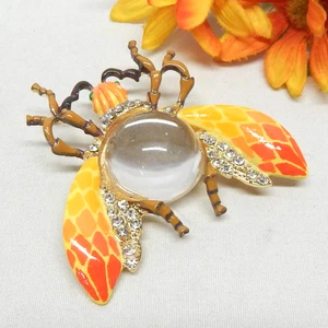 GOLD TONE, HAND PAINTED ENAMEL, RHINESTONE & LUCITE JELLY BELLY BEE BROOCH - Picture 1 of 3