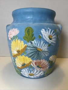 Vaso vintage Ransburg ceramica Indianapolis Crock dipinto a mano floreale rustico blu - Foto 1 di 9