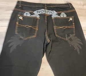 Nostic Skater Jeans Mens 38 Black Denim Y2K Embroidered Baggy Wide Leg Grunge - Picture 1 of 9