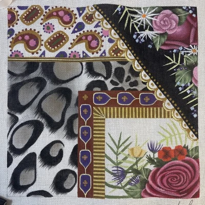 Floral Collage Leigh Designs Handpainted Needlepoint Canvas 15 x 15 1990s - Image 1 of 4