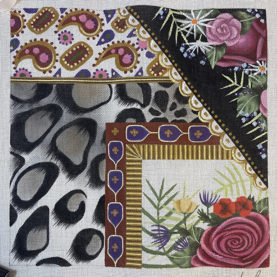 Collage floral Leigh Designs lienzo a punta de aguja pintado a mano 15 x 15 años 90 Foto 1 de 4