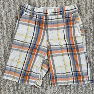 Youth Boy's Old Navy Plaid Shorts - Size 6 Adjustable Waist Orange Gray Blue - Image 1 of 4