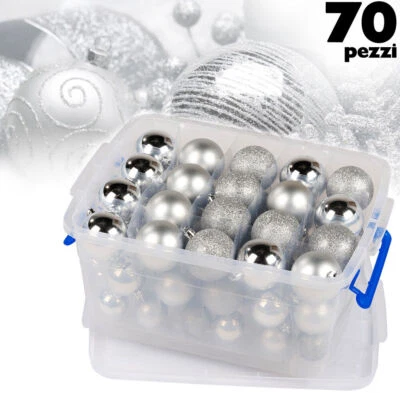 Palle Di Natale Set 70 Pezzi Argento Diverse Misure Decorazioni Albero Natale - Immagine 1 di 3