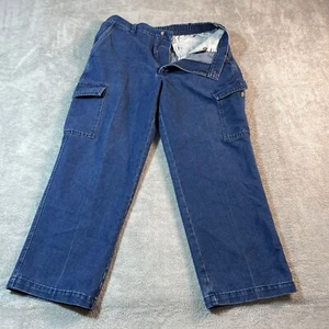 Vtg David Taylor Cargo Pants Mens 36x29 Blue Elastic Waist Relaxed Fit Denim - Picture 1 of 13