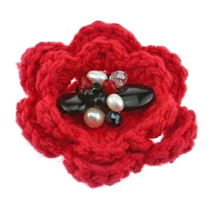 Handmade Red Crochet Flower with Pearl Stone and Crystal Brooch Pin - Picture 1 of 4