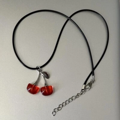 Red Cherry Charm Necklace With Black Leather Strap With Adjustable Length New - Image 1 of 4