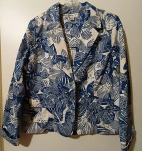 ColdWater Creek Petite Lrg Blue 🔵 Fern Foliage Pattern Jacket 100% Cotton - Picture 1 of 9
