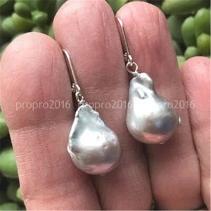 Real Natural 18-25mm Silver Gray Keshi Baroque Pearl Dangel Leverback Earrings - Picture 1 of 4