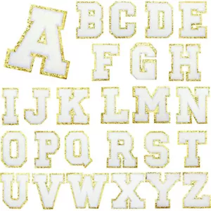 Chenille English Letter White A-Z Iron On Repair Patch with Gold Glitter Border - Picture 1 of 35