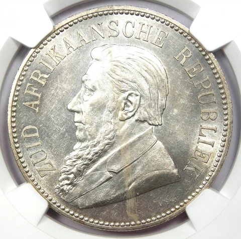 1892 South Africa Zar 5 Shillings Coin (Double Shaft, 5S) - NGC MS62 (BU UNC) Cover