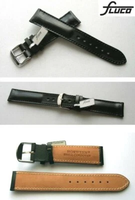 Shell Cordovan Pferdelederuhrenband FLUCO Germany Schwarz Auswahl: 18, 20, 22 mm - Bild 1 von 3