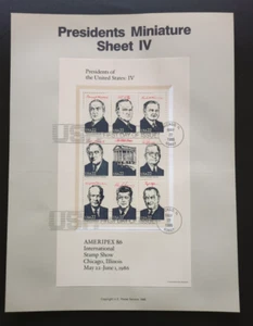 22c AMERIPEX Presidents Sheet IV a-i 1986 SOUVENIR PAGE SCOTT # 2219 SP751 - Picture 1 of 2