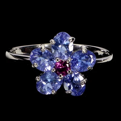 Black Friday 925 Silver Ring Oval Tanzanite 5x4mm Rhodolite Flower Gemstone Sz 7 - Image 1 of 4