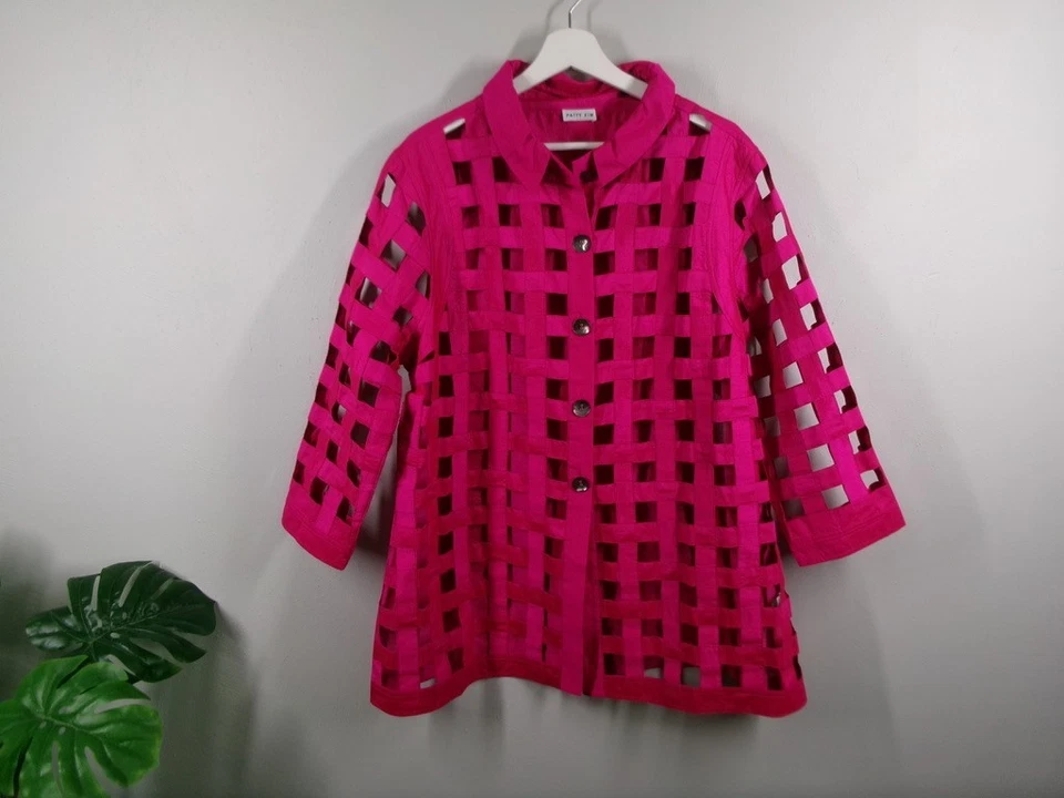Chaqueta PATTY KIM para mujer XL rosa tejido abierto manga 3/4 abotonada sin carcasa/forro Foto 1 de 4