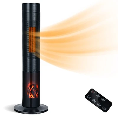 Costway 1500W Ceramic Tower Space Heater with Remote Control Realistic 3D Flame - Image 1 of 4