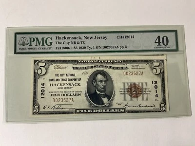 1929 $5 US National Currency PMG EF 40 Hackensack New Jersey S/N D023527A  - Image 1 of 4
