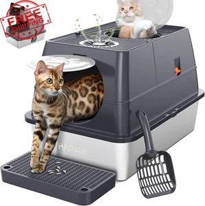 Caja de arena de acero inoxidable con tapa, bandeja de arena extra grande para gatos con tapa abatible 135°, E - Imagen 1 de 12