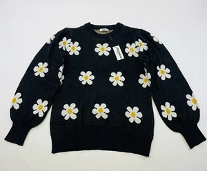 Pullover Blumen Gänseblümchen All Over Print schwarz Ballonärmel Gr. M Boho Hippie Y2K - Bild 1 von 13