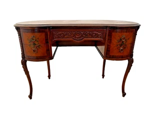 Antique French Desk Kidney Shaped Vanity Five Drawers Carved Hand painted floral - Picture 1 of 11