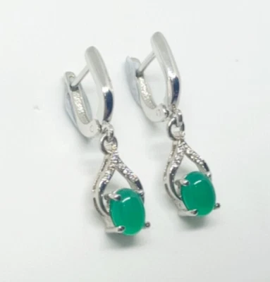 Orecchino pendente ovale onice verde naturale in argento sterling 925, gioiel... - Immagine 1 di 4