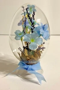 Vintage 1980's Glass Egg Silk Flower Diorama Blue and Brown with Ribbon - Picture 1 of 7