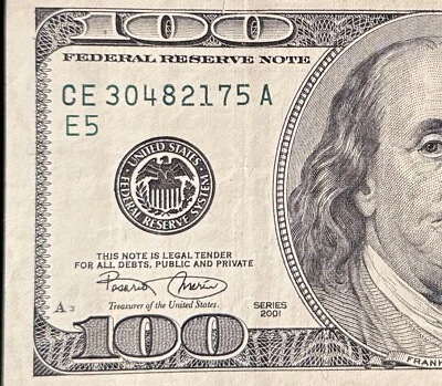 💵 2001 $100 Bill – Small Scattered Ladder Fancy Serial 30482175 – (012345)  - Image 1 of 3