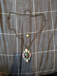 ladies womens double pendant green pink costume jewellery fashion necklace gift - Picture 1 of 7