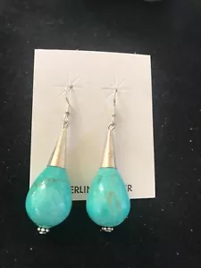 Turquoise Bead Navajo Sterling Silver Dangle Drop Earrings 02019 - Picture 1 of 12