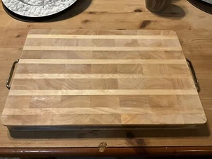 Large Butcher Block Cutting Board 16 X 12 1.5” Thick 2 Metal Handles Metal Band - Picture 1 of 9
