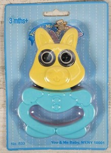 VTG You and Me Plastic Baby Rattle Toy 1980s NOS Still On Card Yellow Blue Bunny