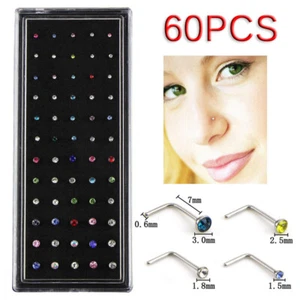 60PCS L Style Crystal Rhinestone Nose Ring Bone Stud Steel Piercing Jewe X! Pe - Picture 1 of 6