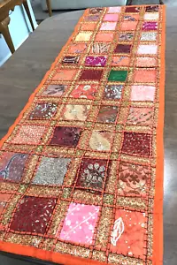 Orange Sequined Patchwork Table Runner or Prayer Altar Cloth Lined 20 x 60 India - Picture 1 of 12