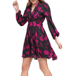 Banana Republic Floral Puff Sleeve Mini Dress SZ 4 Pink & Black Fit & Flare - Picture 1 of 8