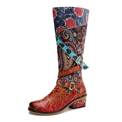 Women's Knee High Bohemia Ethnic Boots Low Cuban Heel Flower Shoes Vintage Retro - Image 1 of 4