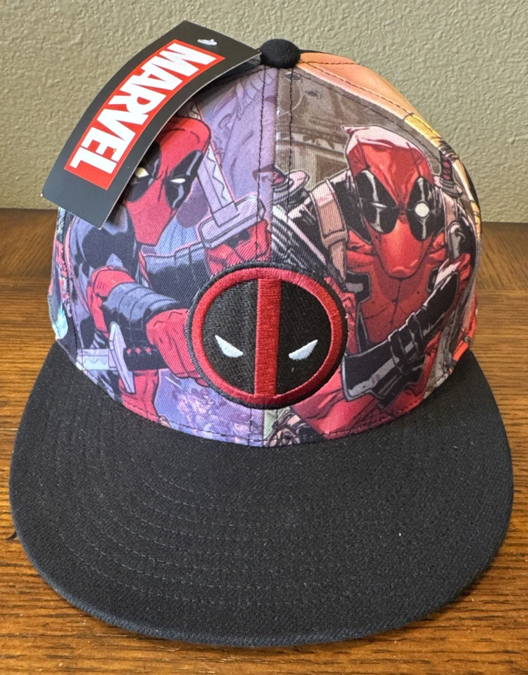 Marvel Comics Deadpool Logo Sublimated All Over Print Snapback Hat Cap White BLK