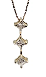 14KY  GOLD, PAST, PRESENT, FUTURE 3/4CTW Princess Cut Natural Diamond Pendant18" - Picture 1 of 12