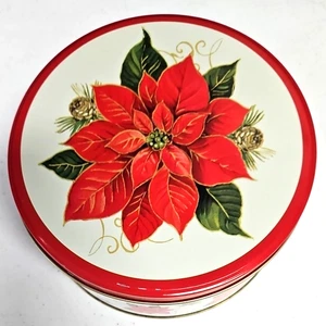 Poinsettia Holly Pinecones 6.5" Round Cookie, Storage, Decoration Tin - Picture 1 of 4
