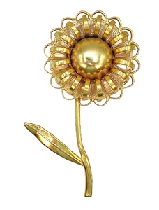 VINTAGE 2 3/4" BLUMENBROSCHE GOLDFARBEN 1 BLATT OFFENES BAND BLÜTENBLÄTTER FILIGRAN - Bild 1 von 4