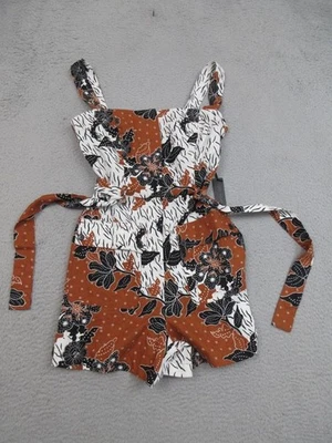 House of Harlow 1960 Romper Womens 6 Brown Floral Linen Blend Belted Pockets - Image 1 of 4