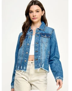 DAMEN GESCHNITTENE DENIM JACKE MIT DISTRESSED, Größe-S, mittelblau - Bild 1 von 6