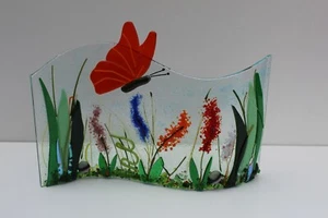 Butterfly garden scene sun catcher in fused glass. Free standing handmade. - Picture 1 of 25