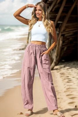 Pantalones informales de algodón y lino para mujer estilo vacaciones Foto 1 de 4