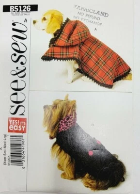 Butterick B5126 See and Sew Dog Coats Sewing Pattern Sizes Xs 11" to L 26" - Image 1 of 3