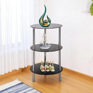 3 Tier Shelf Unit Round Display Storage Rack Shelf Black Thick Glass Chrome Leg - Picture 1 of 3