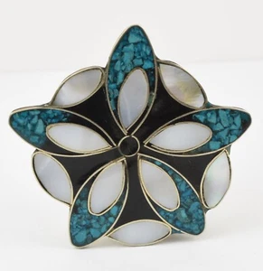 Beautiful Alpaca Mexico Hinged Trinket Box Inlaid with MOP & Turquoise  - Picture 1 of 4