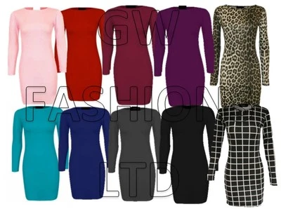 WOMEN'S LADIES GIRLS **LONG SLEEVE MIDI DRESS STRETCH BODYCON**PLAIN JERSEY XXXL - Image 1 of 3